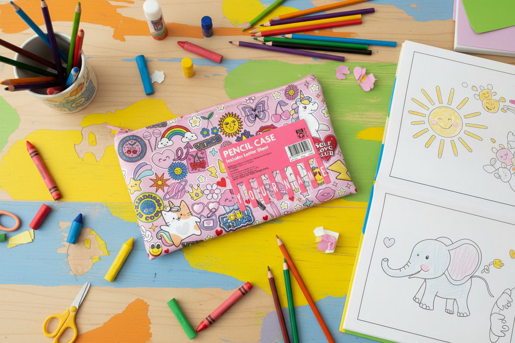 Good Vibes Pink Pencil Case with Name Letter Sheet