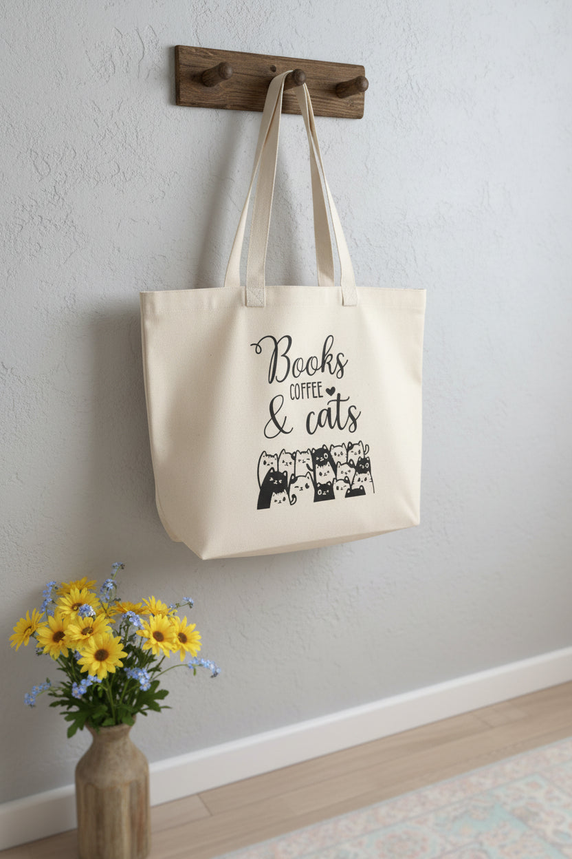 Books, Coffee & Cats Canvas Tote Bag