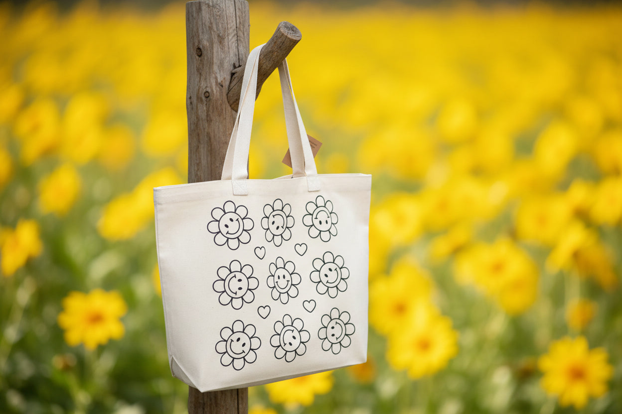 Retro Smiley Face Flowers Tote Bag